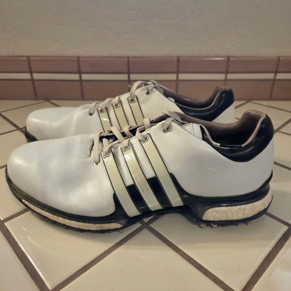 Adidas Tour360 Boost Mens Golf Shoes White Black Leather Spiked Size 10